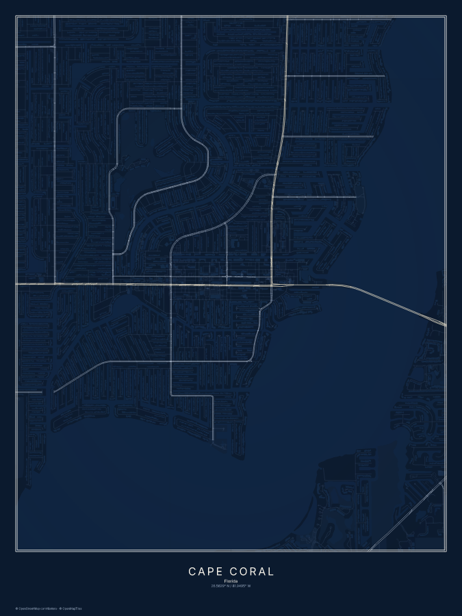 Cape Coral map poster, midnight style