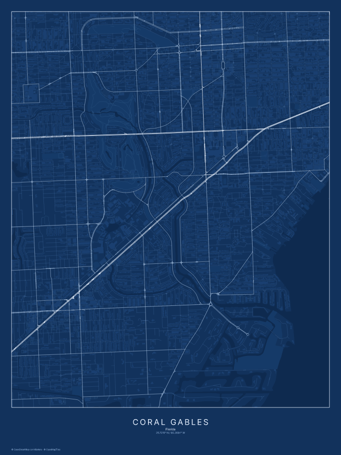 Coral Gables map poster, blueprint style