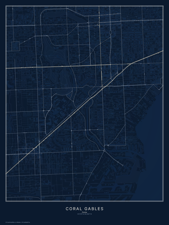 Coral Gables map poster, midnight style