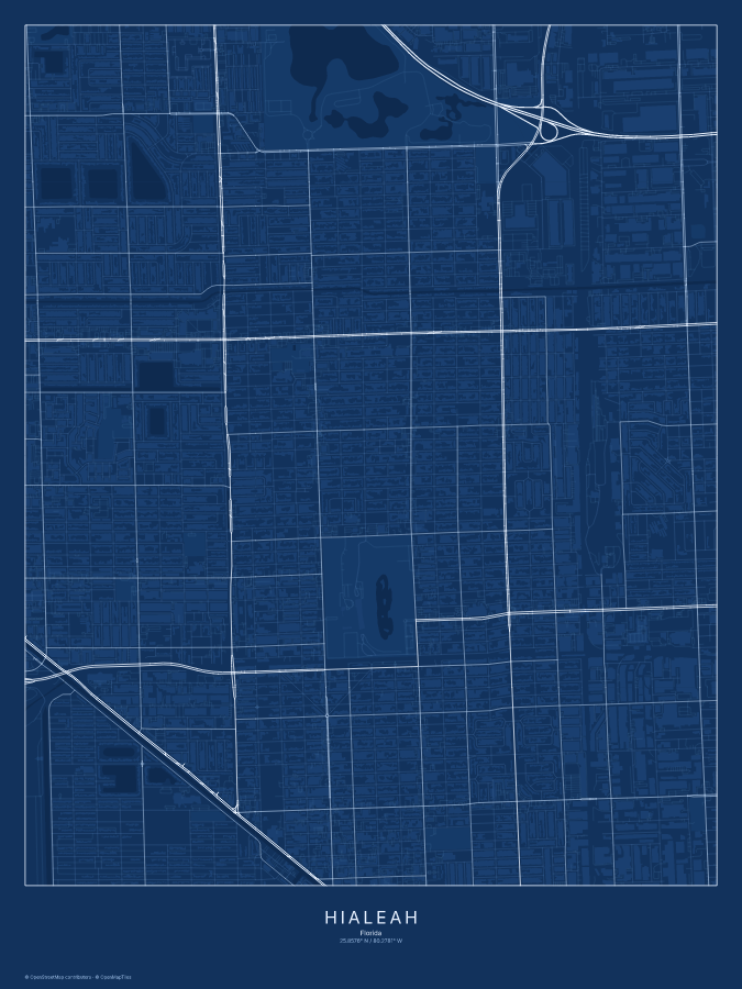 Hialeah map poster, blueprint style