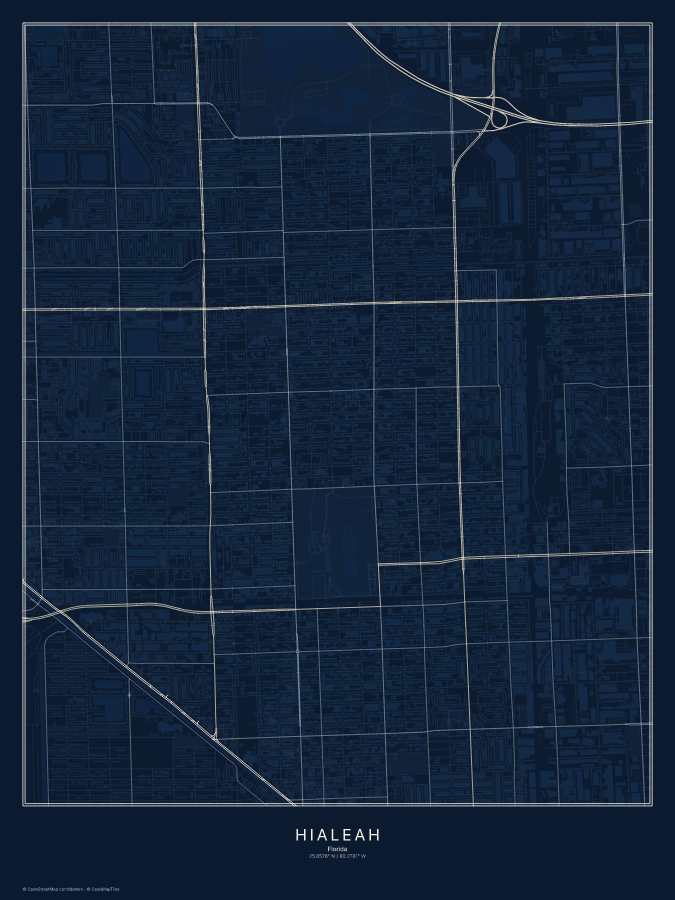 Hialeah map poster, midnight style
