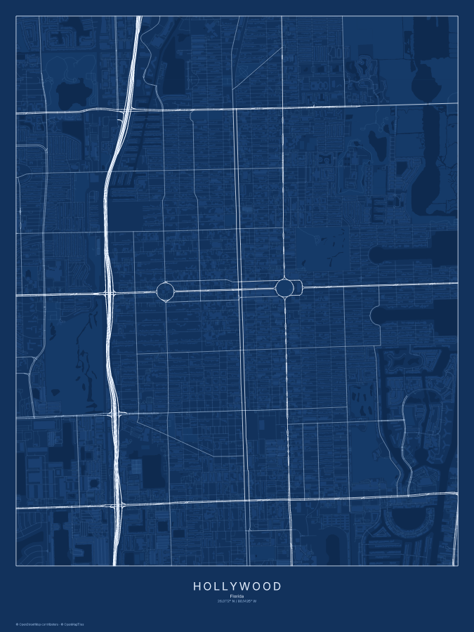 Hollywood map poster, blueprint style
