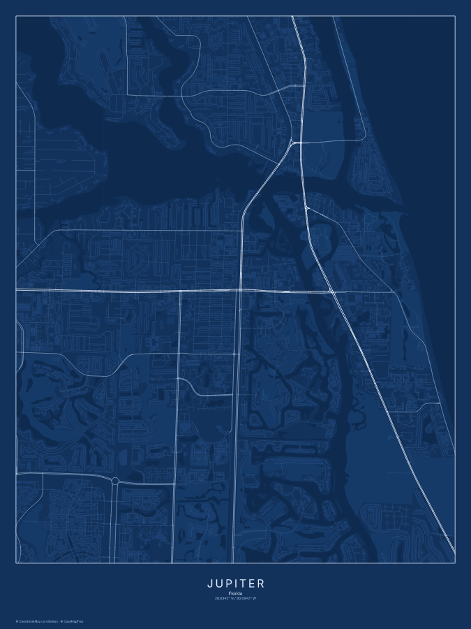 Jupiter map poster, blueprint style