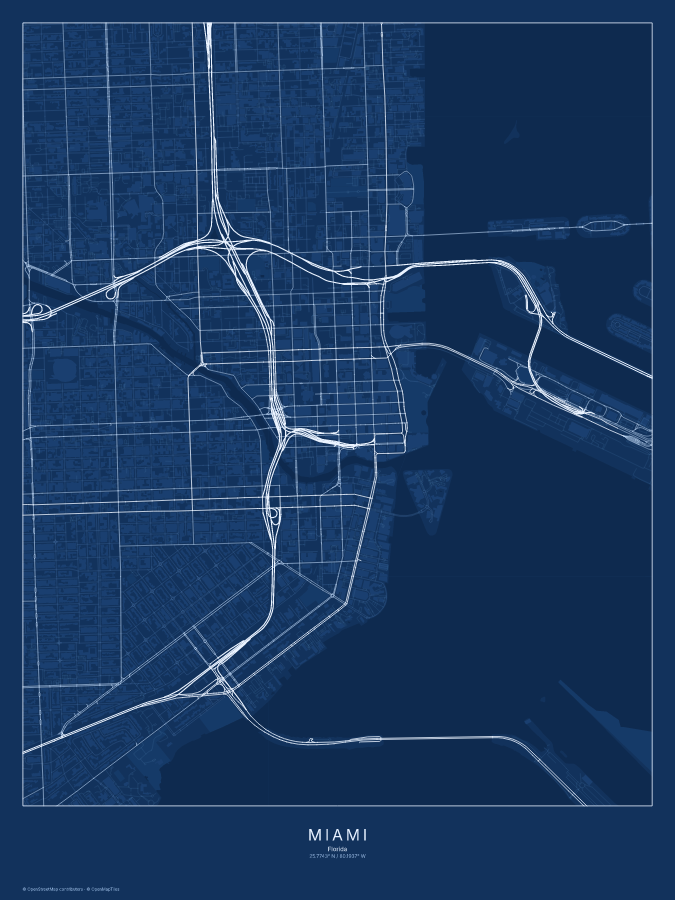 Miami map poster, blueprint style