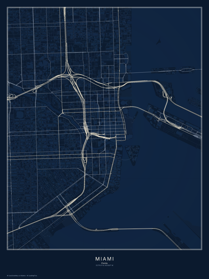 Miami map poster, midnight style