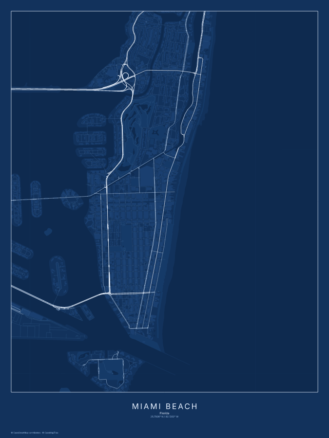 Miami Beach map poster, blueprint style
