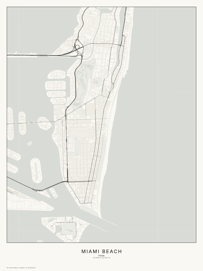 Miami Beach map poster, classic style