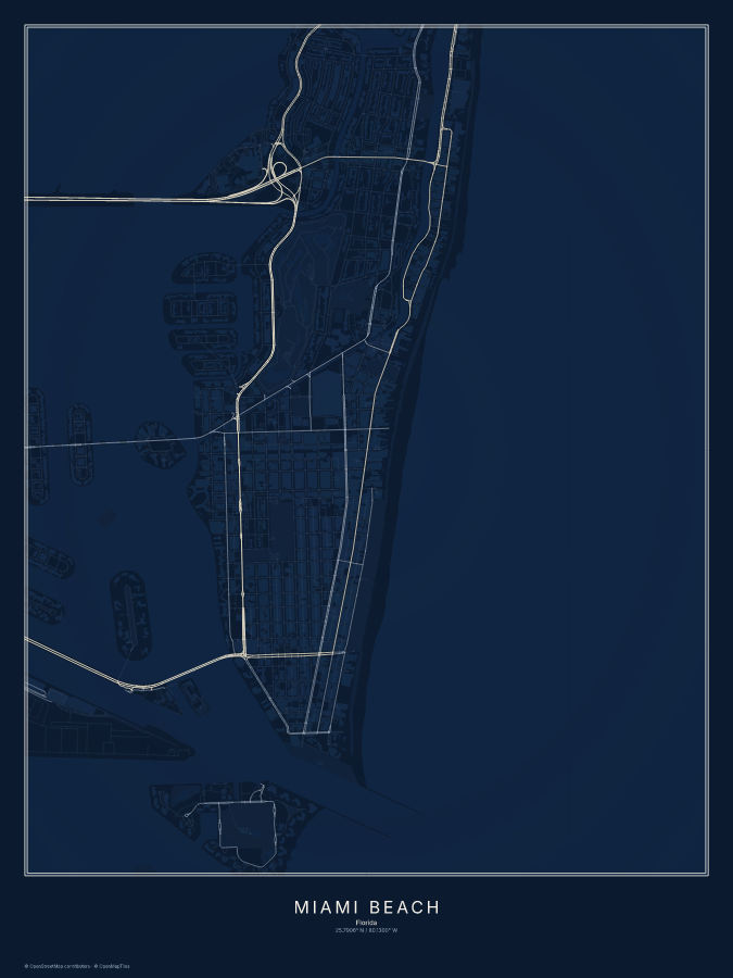 Miami Beach map poster, midnight style