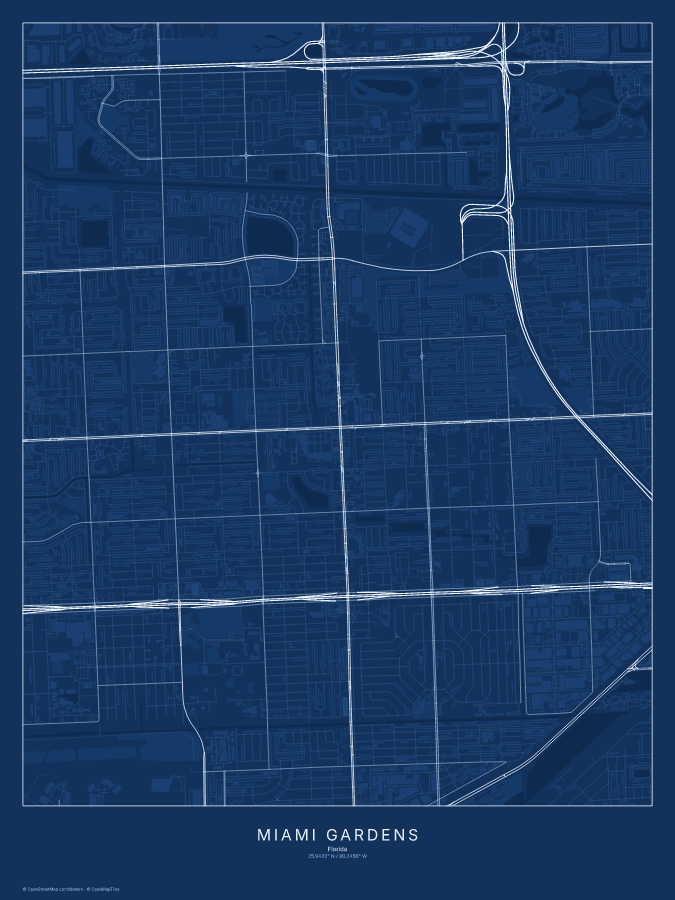 Miami Gardens map poster, blueprint style