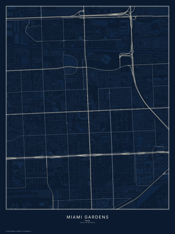 Miami Gardens map poster, midnight style