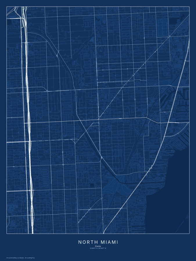 North Miami map poster, blueprint style