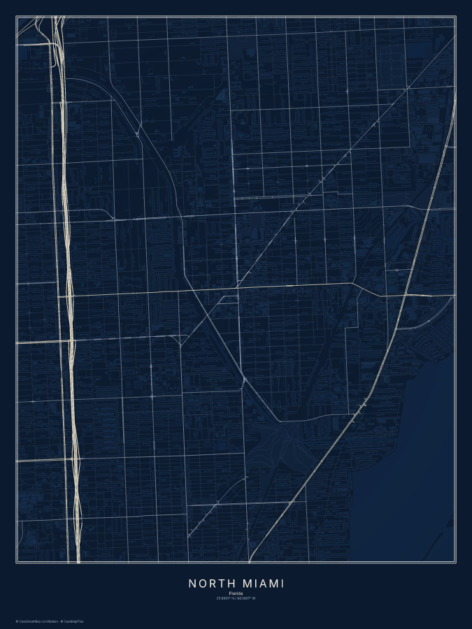 North Miami map poster, midnight style