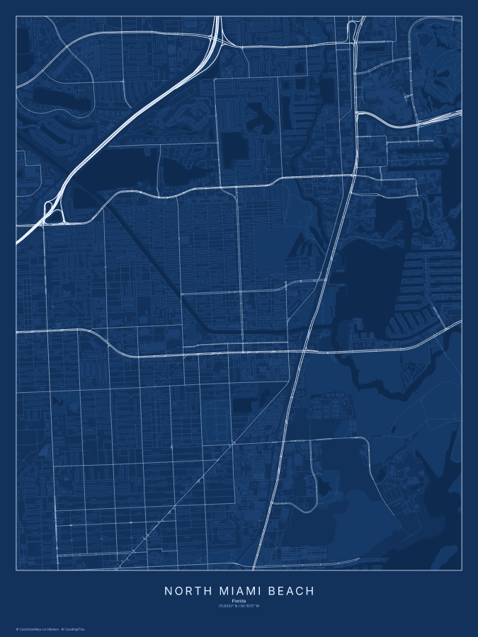 North Miami Beach map poster, blueprint style