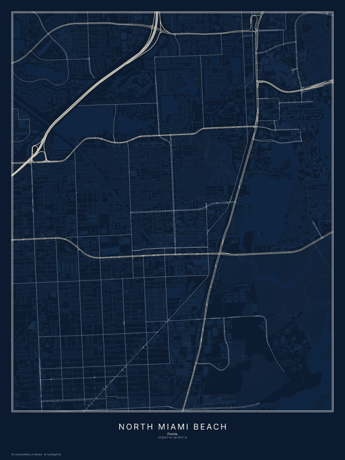 North Miami Beach map poster, midnight style