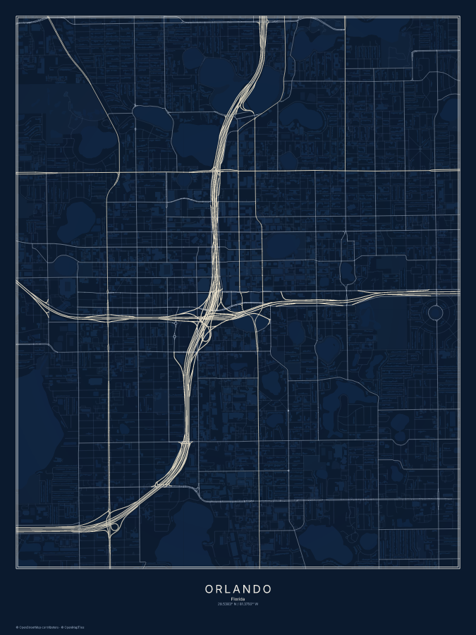 Orlando map poster, midnight style