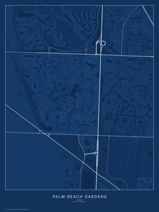 Palm Beach Gardens map poster, blueprint style