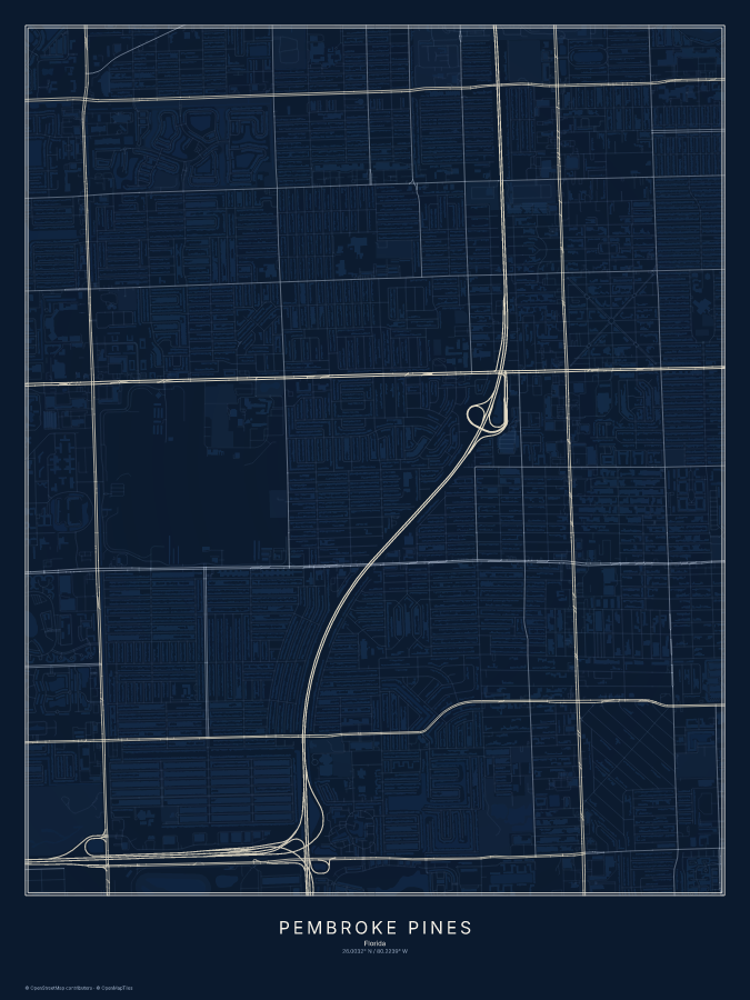 Pembroke Pines map poster, midnight style