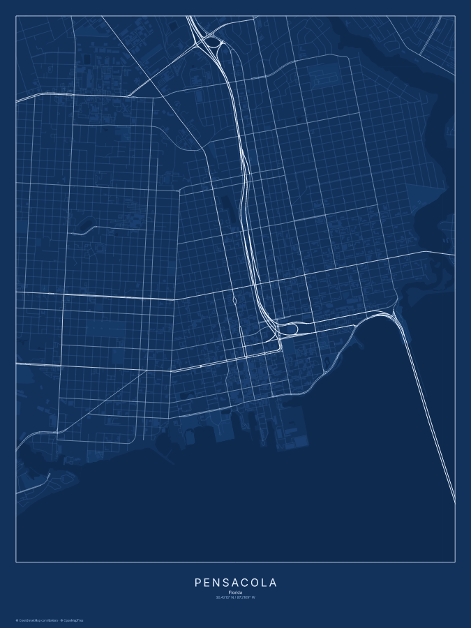 Pensacola map poster, blueprint style