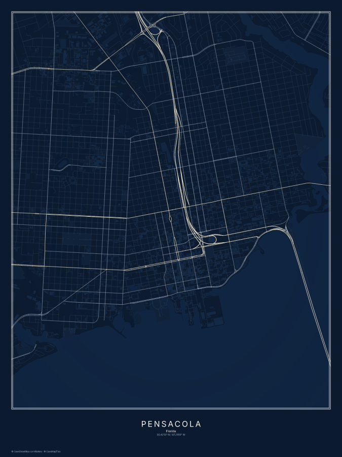 Pensacola map poster, midnight style