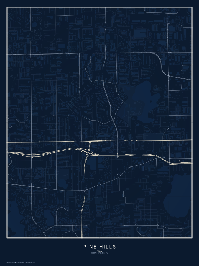 Pine Hills map poster, midnight style