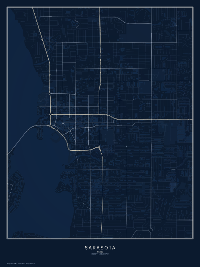 Sarasota map poster, midnight style