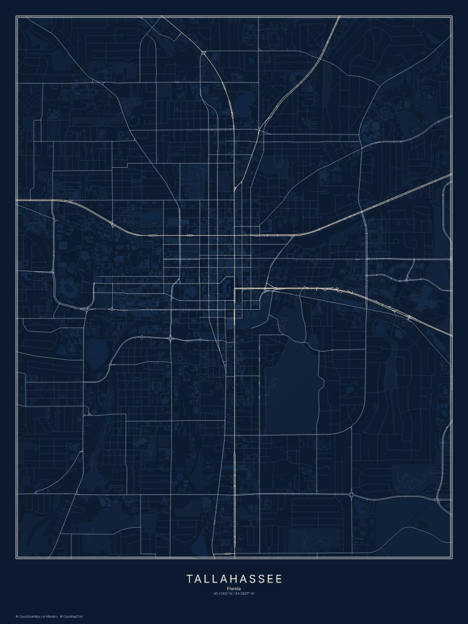 Tallahassee map poster, midnight style