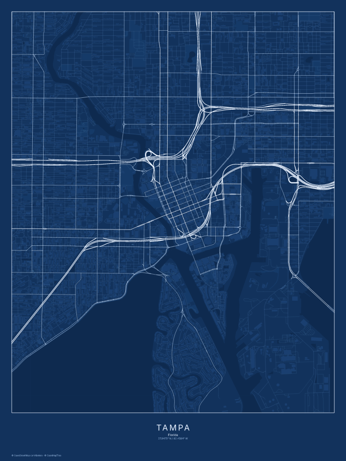 Tampa map poster, blueprint style