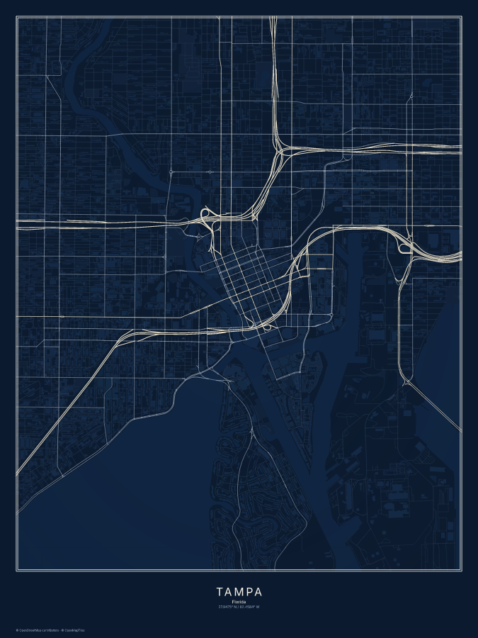 Tampa map poster, midnight style