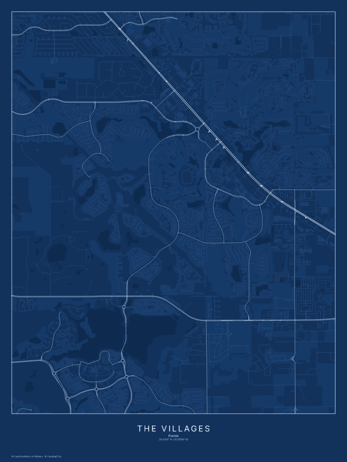 The Villages map poster, blueprint style