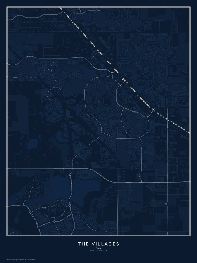 The Villages map poster, midnight style