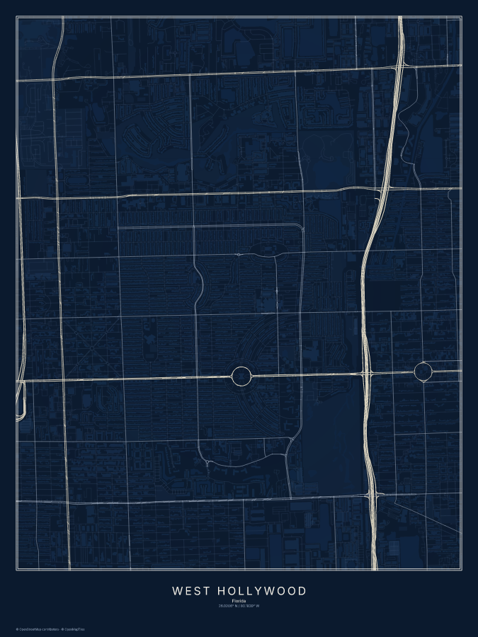 West Hollywood map poster, midnight style