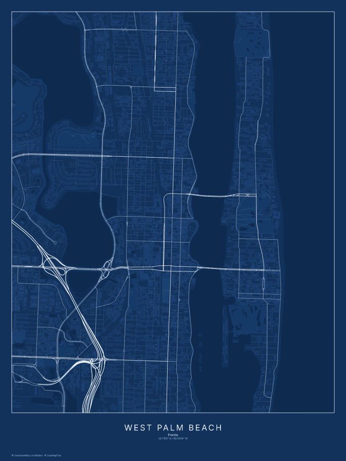 West Palm Beach map poster, blueprint style