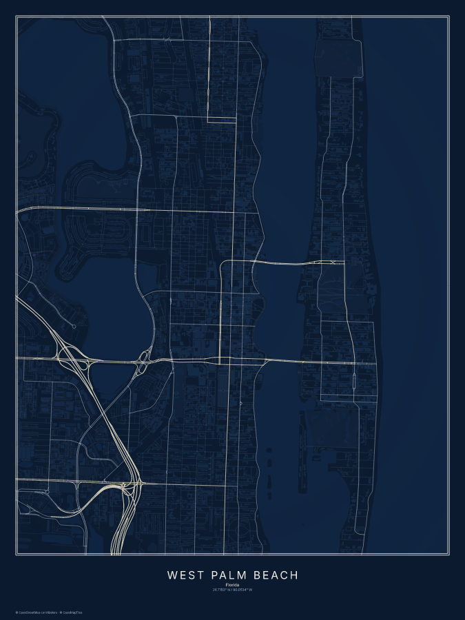 West Palm Beach map poster, midnight style