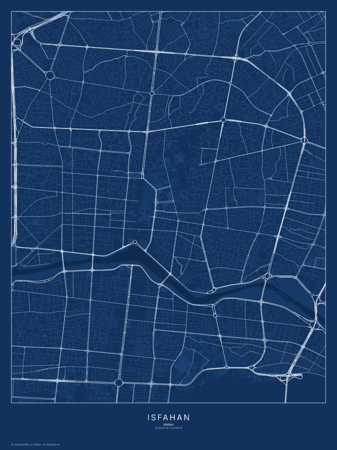 Isfahan map poster, blueprint style