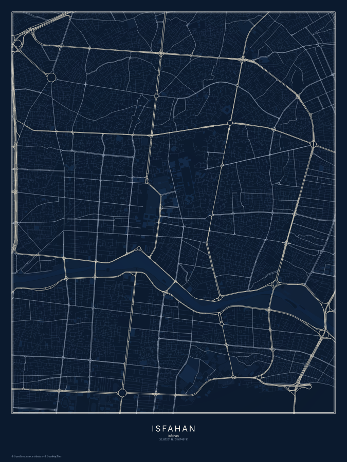Isfahan map poster, midnight style