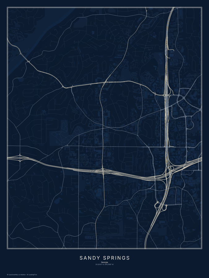 Sandy Springs map poster, midnight style