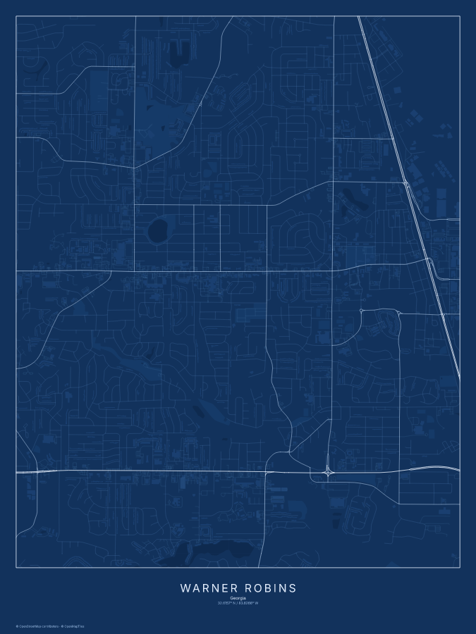 Warner Robins map poster, blueprint style