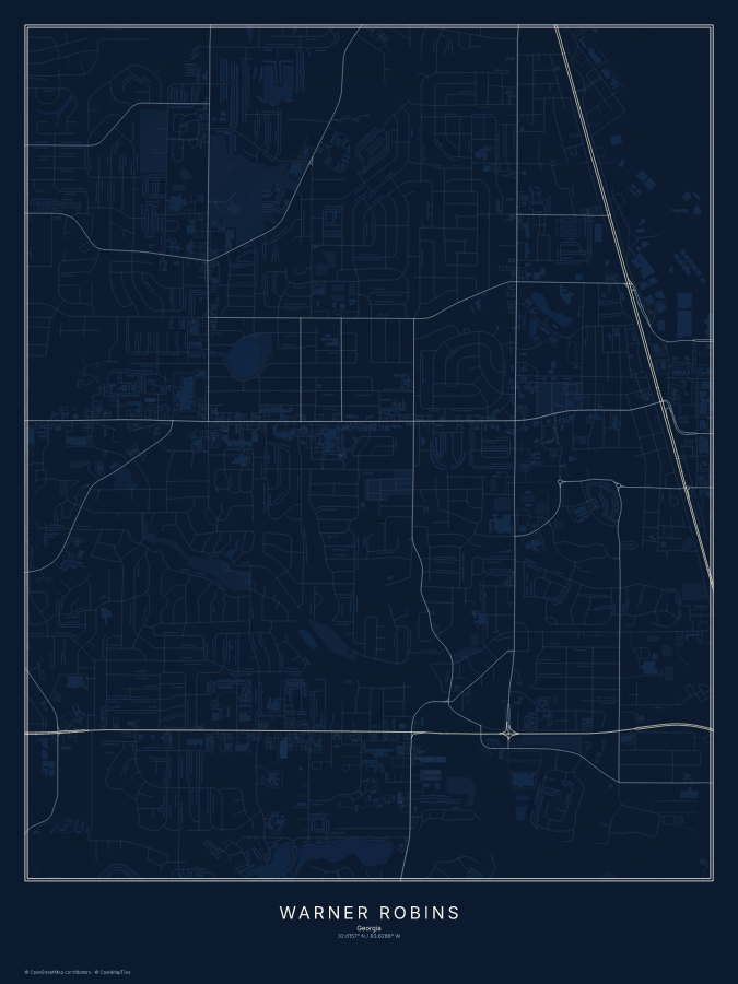 Warner Robins map poster, midnight style