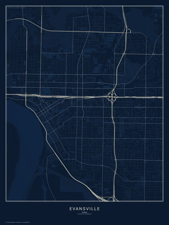 Evansville map poster, midnight style