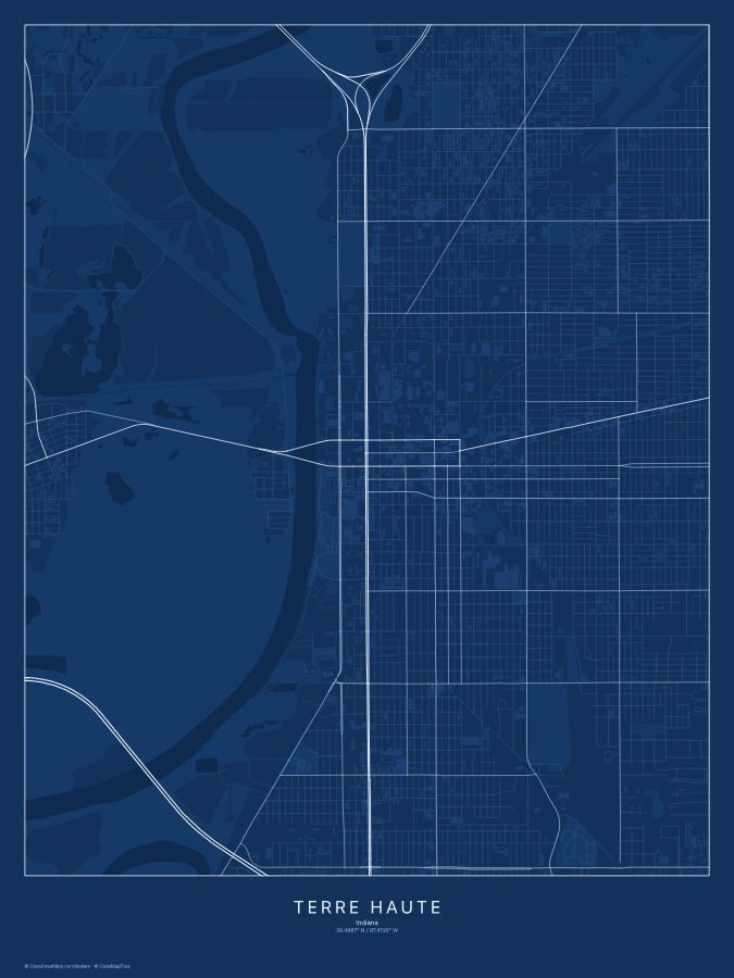 Terre Haute map poster, blueprint style