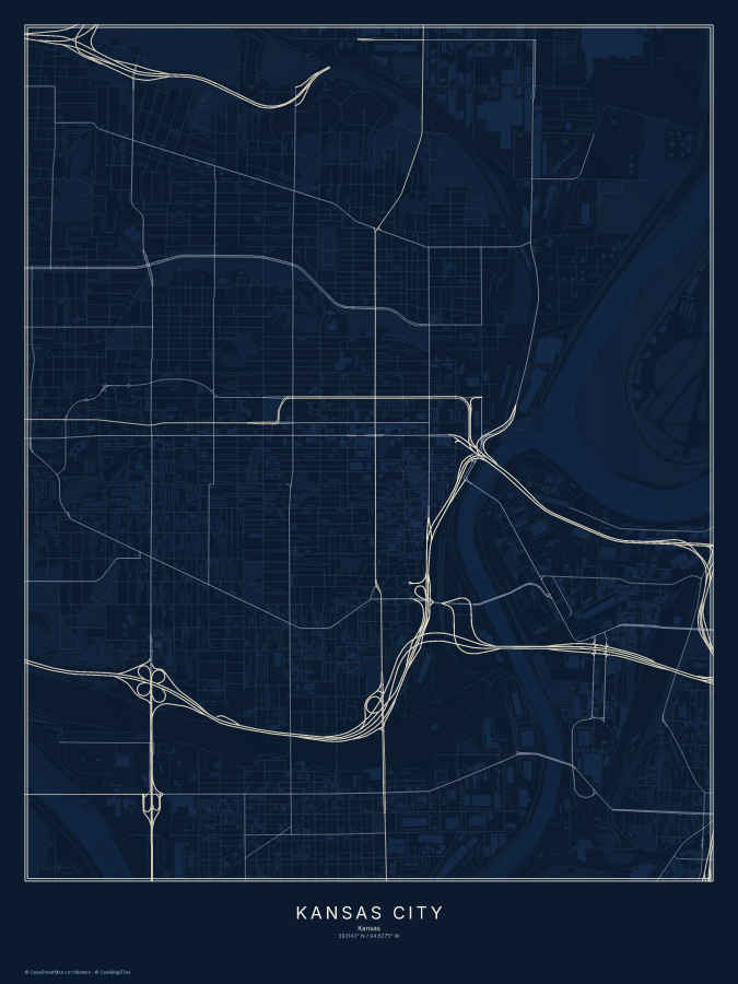 Kansas City map poster, midnight style
