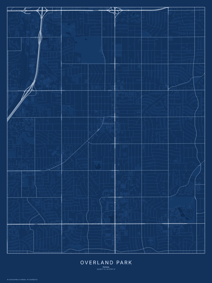 Overland Park map poster, blueprint style