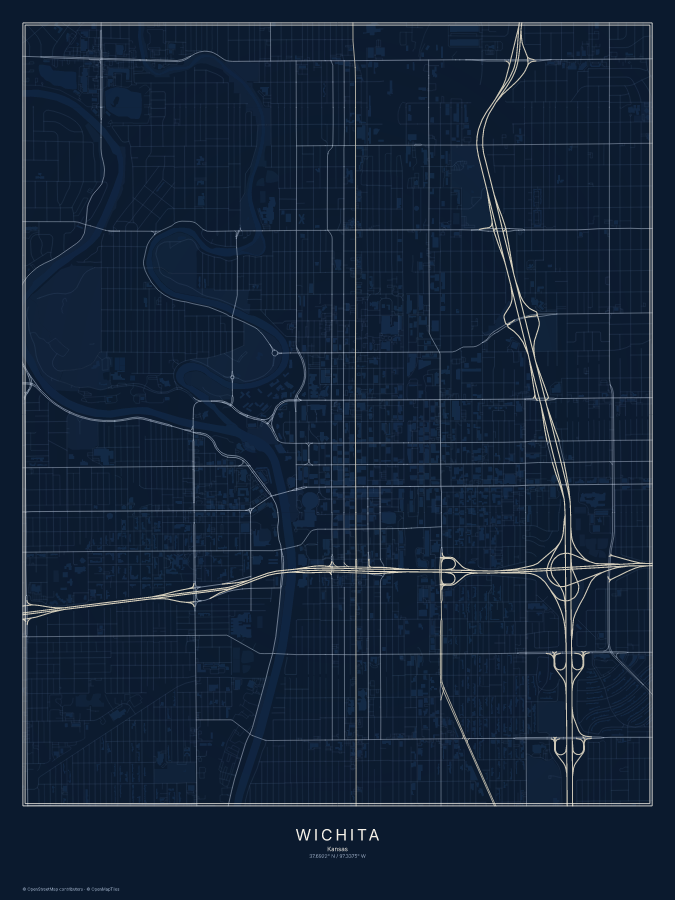 Wichita map poster, midnight style