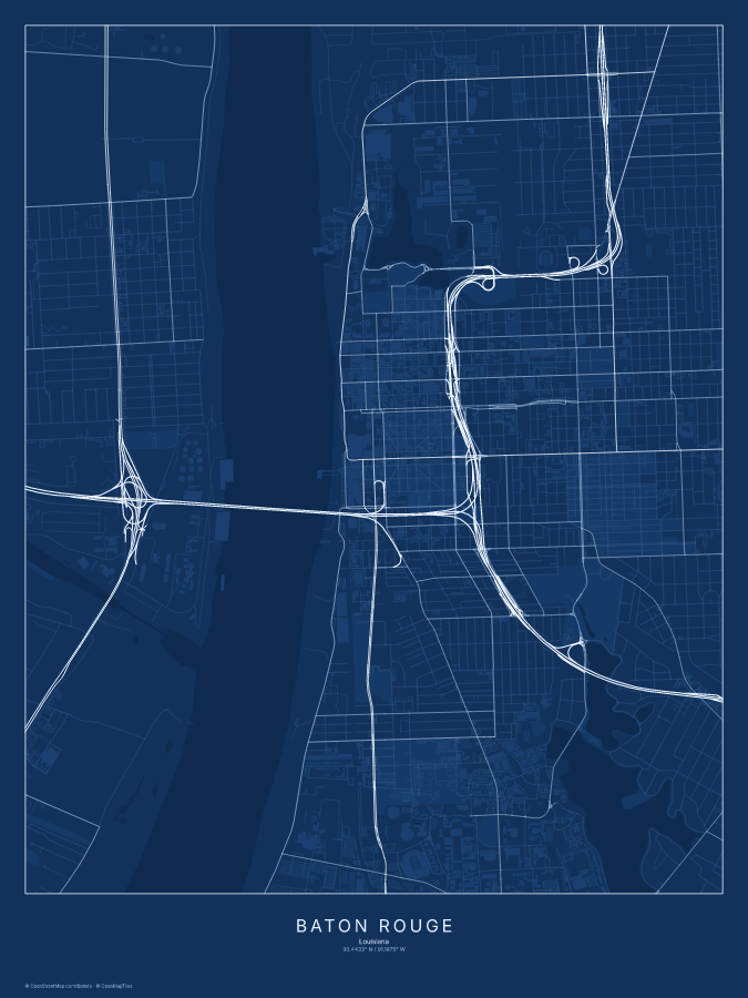 Baton Rouge map poster, blueprint style