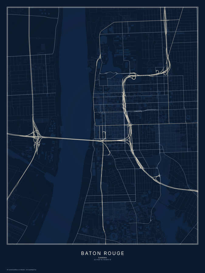 Baton Rouge map poster, midnight style