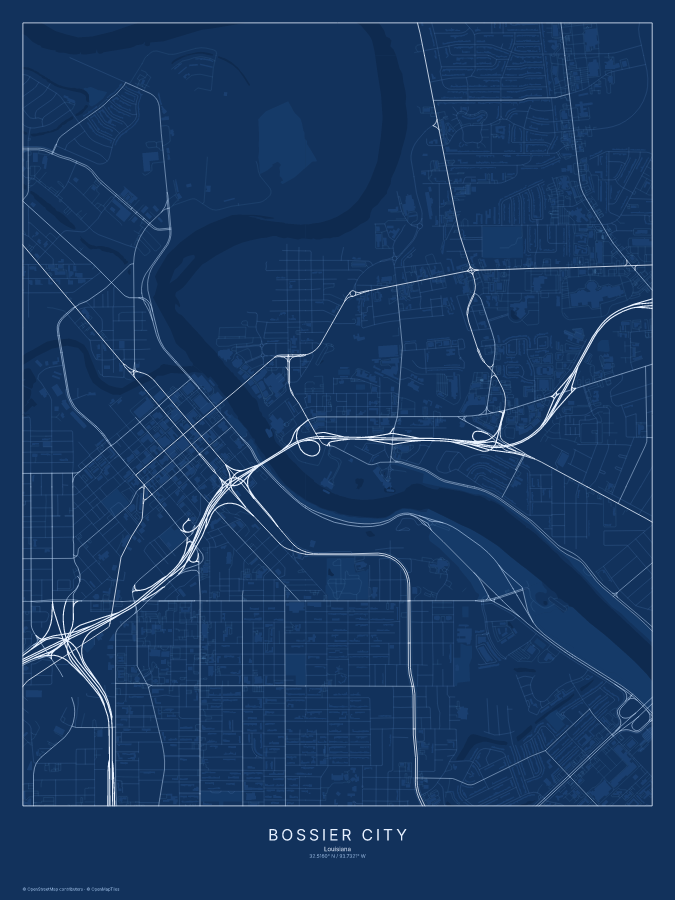 Bossier City map poster, blueprint style