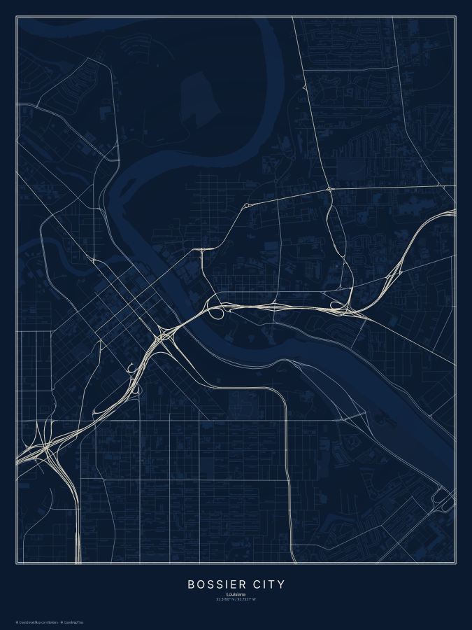 Bossier City map poster, midnight style