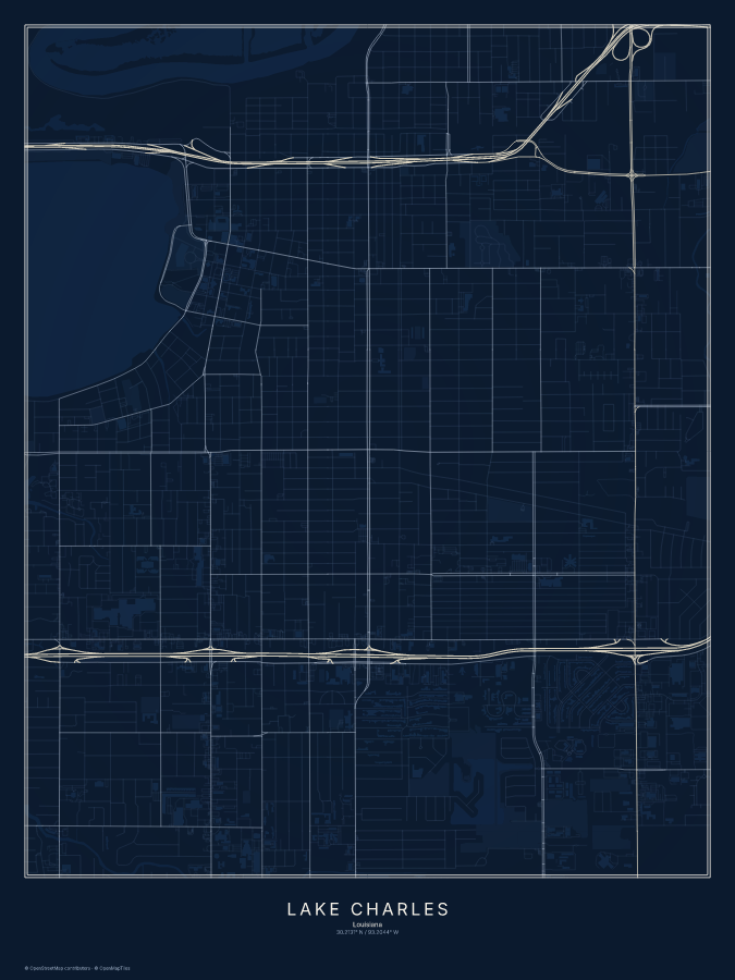 Lake Charles map poster, midnight style