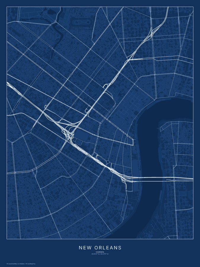 New Orleans map poster, blueprint style
