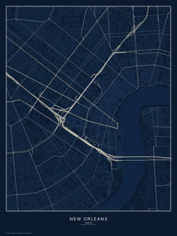 New Orleans map poster, midnight style